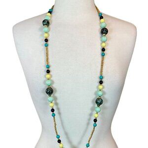 Multicolored Graduated Beads Vintage 43in Stretch Necklace Aqua Blue Yellow Gold